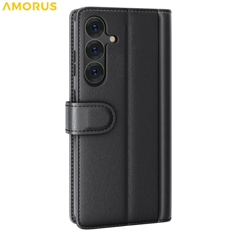 AMORUS For Samsung Galaxy S25 Stand Cases Calf Texture Genuine Split Leather Wallet Phone Cover