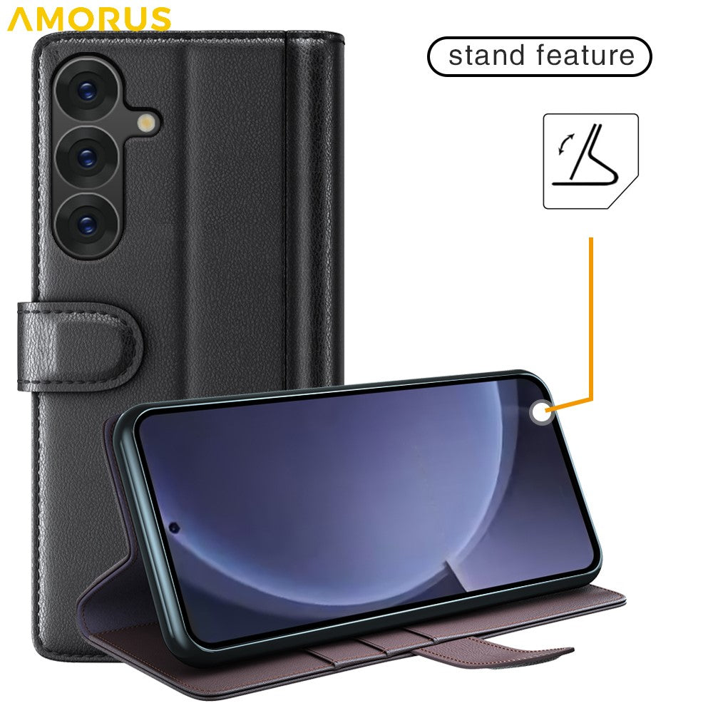 AMORUS For Samsung Galaxy S25+ Stand Cases Calf Texture Genuine Split Leather Wallet Phone Cover
