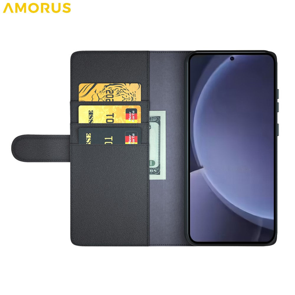 AMORUS For Samsung Galaxy A26 5G Stand Cases Calf Texture Genuine Split Leather Wallet Phone Cover