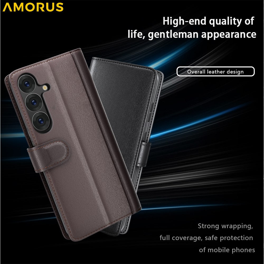 AMORUS For Samsung Galaxy A26 5G Stand Cases Calf Texture Genuine Split Leather Wallet Phone Cover