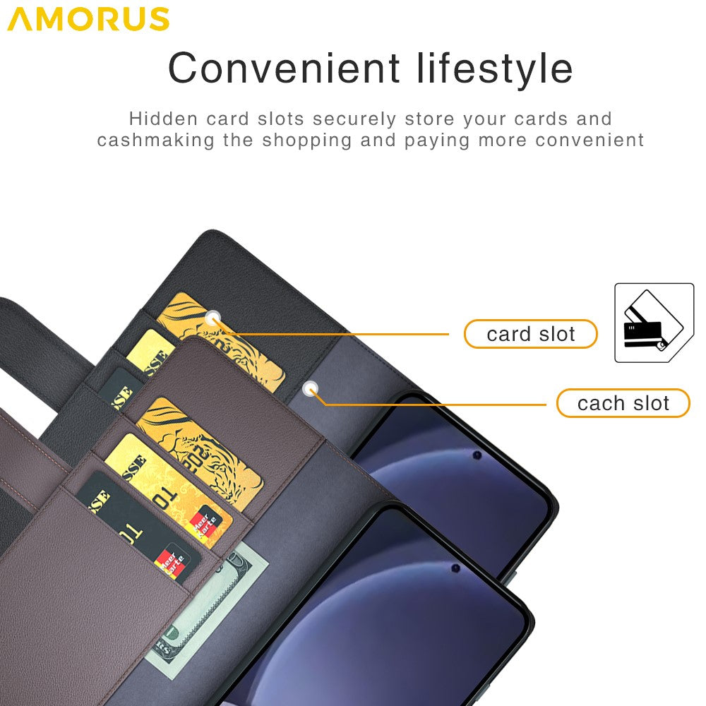 AMORUS For Samsung Galaxy A26 5G Stand Cases Calf Texture Genuine Split Leather Wallet Phone Cover