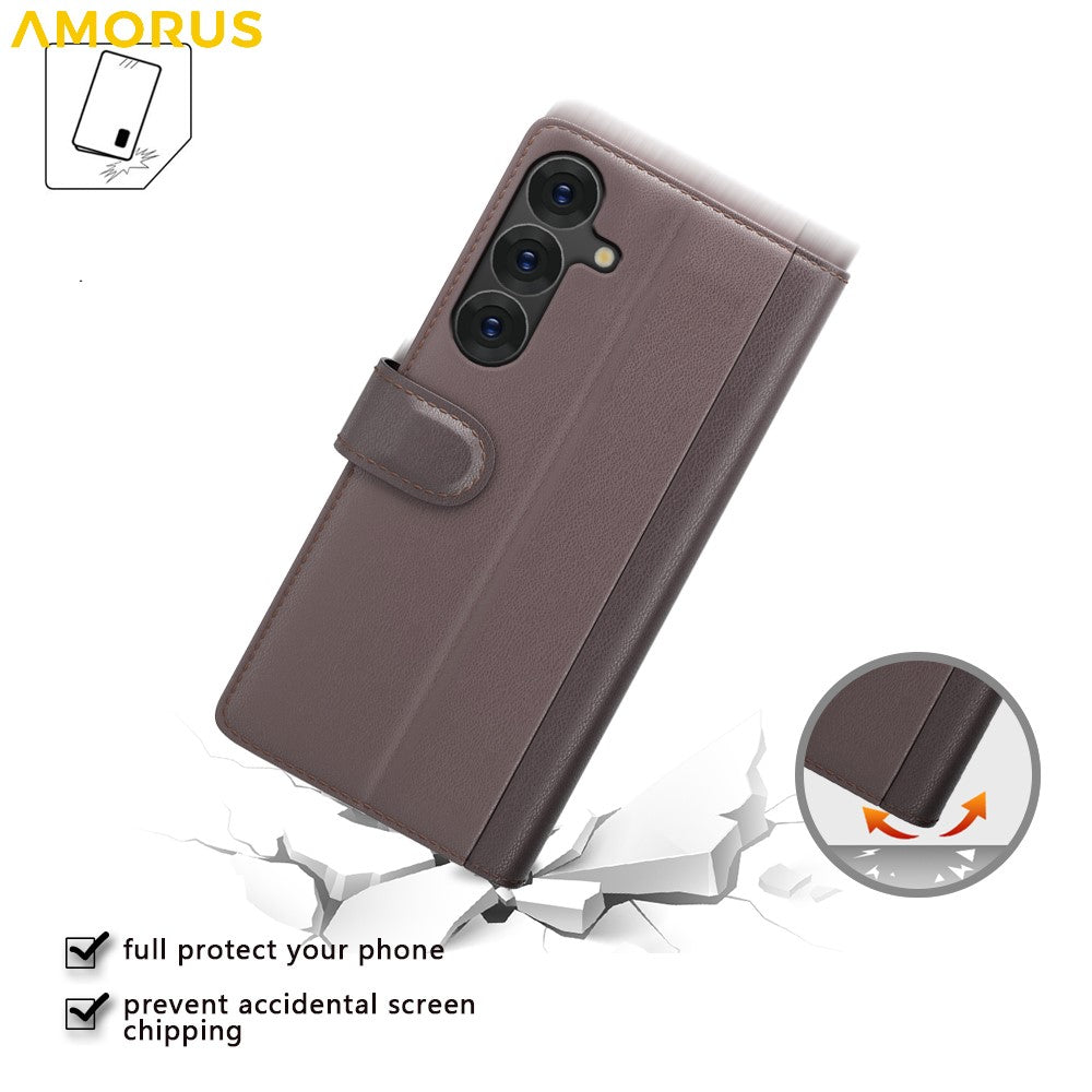 AMORUS For Samsung Galaxy A26 5G Stand Cases Calf Texture Genuine Split Leather Wallet Phone Cover