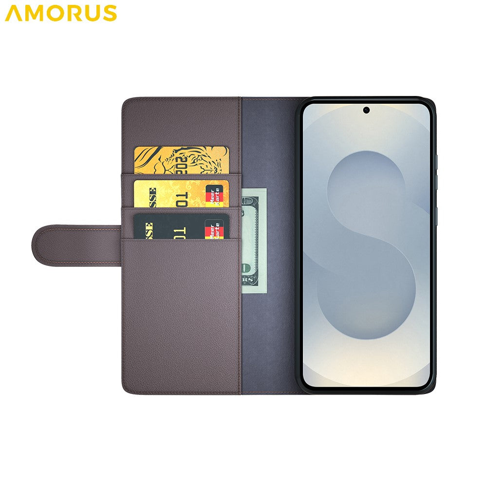 AMORUS For Samsung Galaxy S25 Edge Stand Cases Calf Texture Genuine Split Leather Wallet Phone Cover