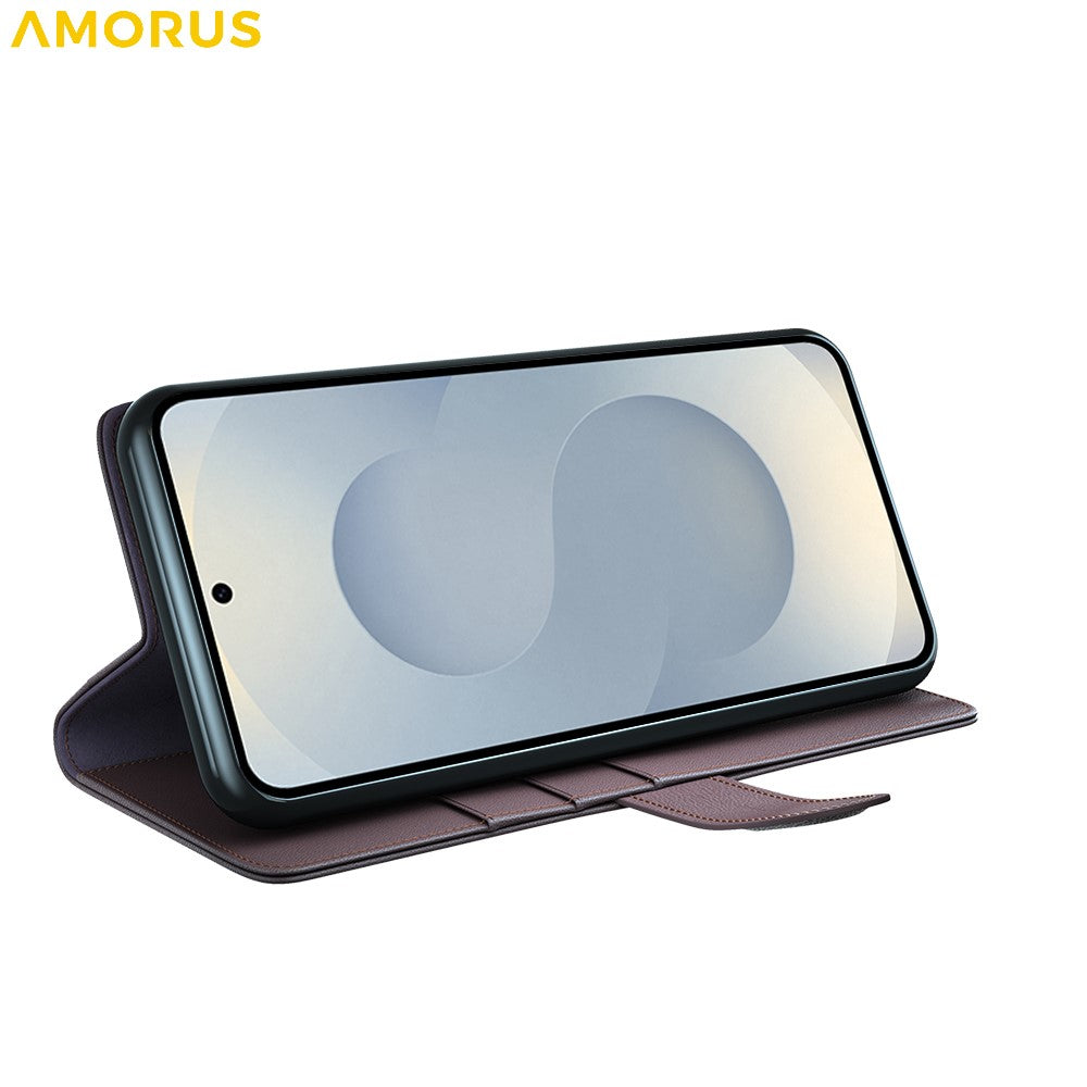 AMORUS For Samsung Galaxy S25 Edge Stand Cases Calf Texture Genuine Split Leather Wallet Phone Cover