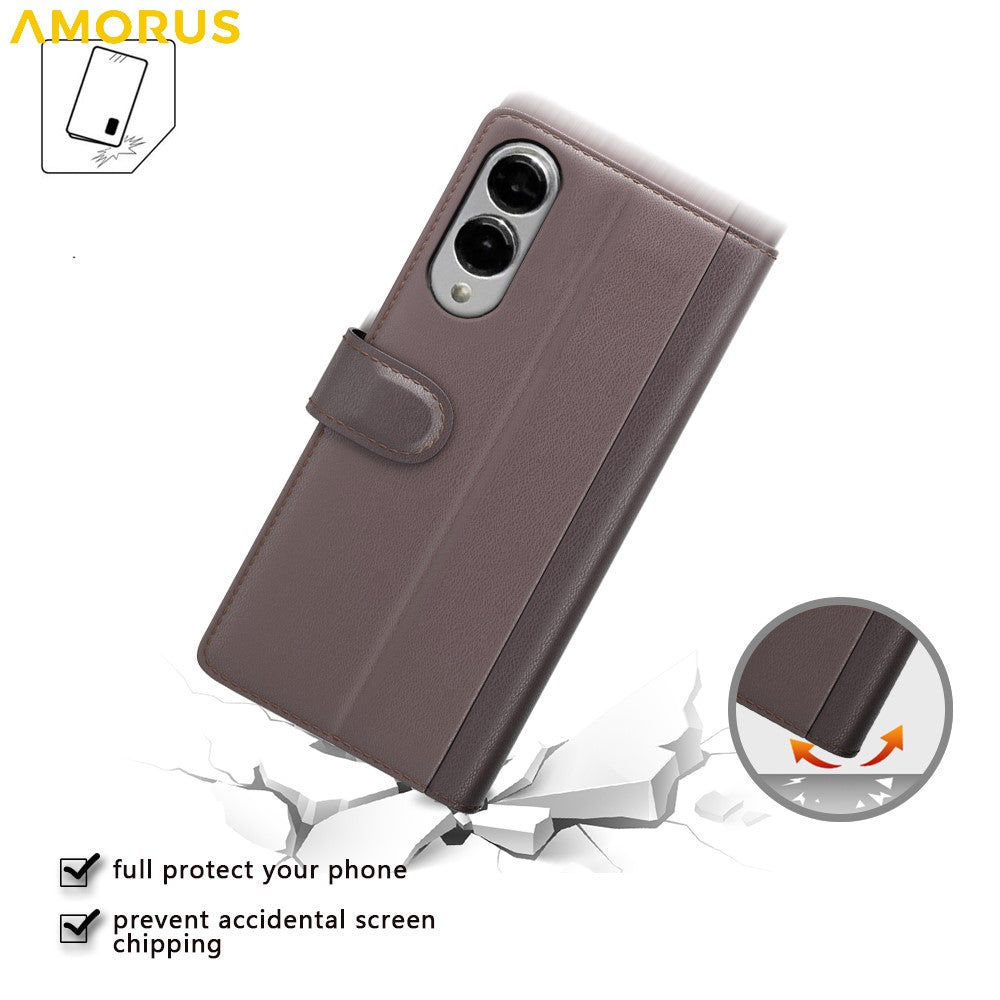 AMORUS For Samsung Galaxy S25 Edge Stand Cases Calf Texture Genuine Split Leather Wallet Phone Cover