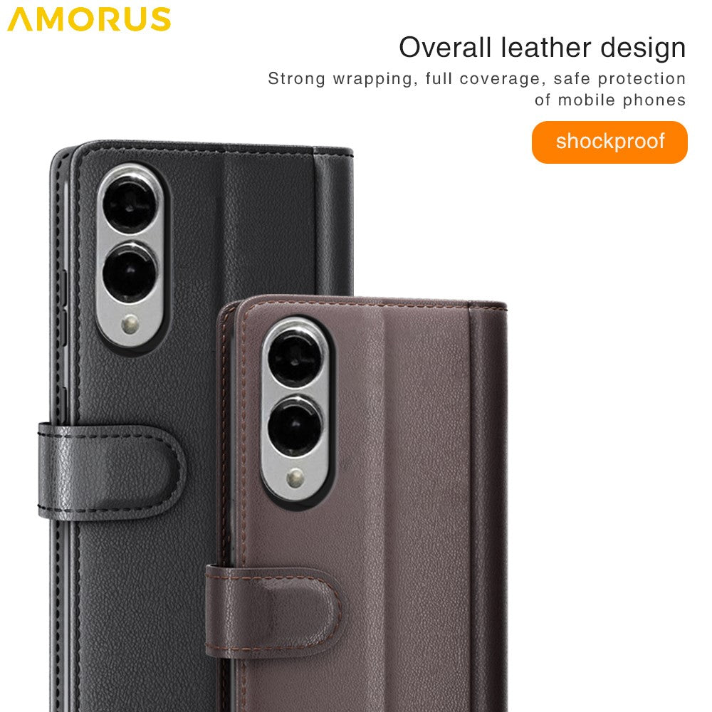 AMORUS For Samsung Galaxy S25 Edge Stand Cases Calf Texture Genuine Split Leather Wallet Phone Cover