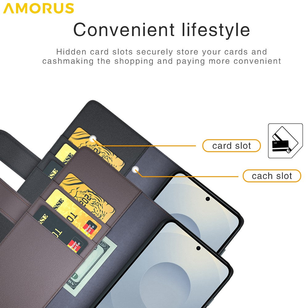 AMORUS For Samsung Galaxy S25 Edge Stand Cases Calf Texture Genuine Split Leather Wallet Phone Cover