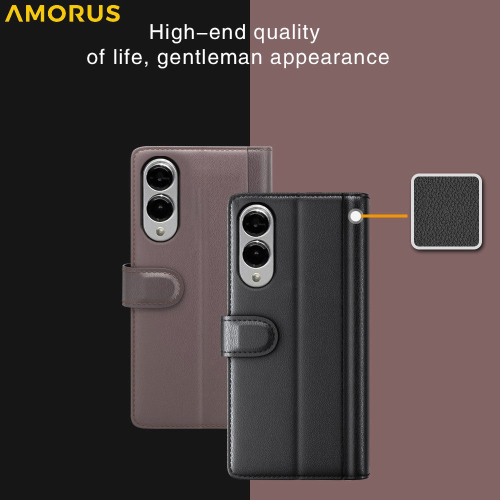 AMORUS For Samsung Galaxy S25 Edge Stand Cases Calf Texture Genuine Split Leather Wallet Phone Cover