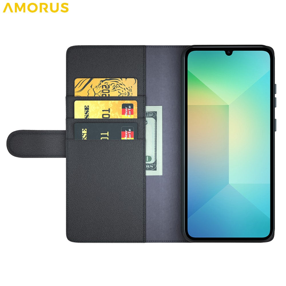 AMORUS For Samsung Galaxy A06 4G / 5G Stand Cases Calf Texture Genuine Split Leather Wallet Phone Cover