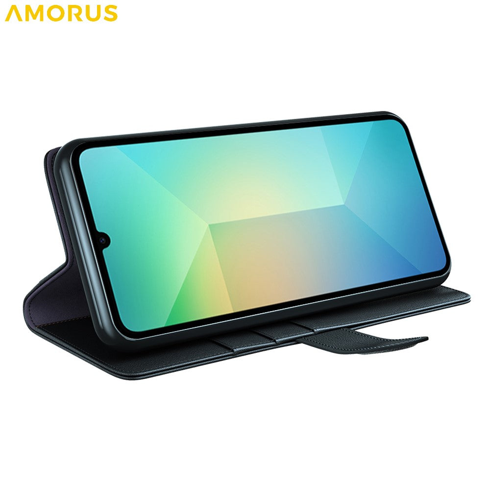AMORUS For Samsung Galaxy A06 4G / 5G Stand Cases Calf Texture Genuine Split Leather Wallet Phone Cover