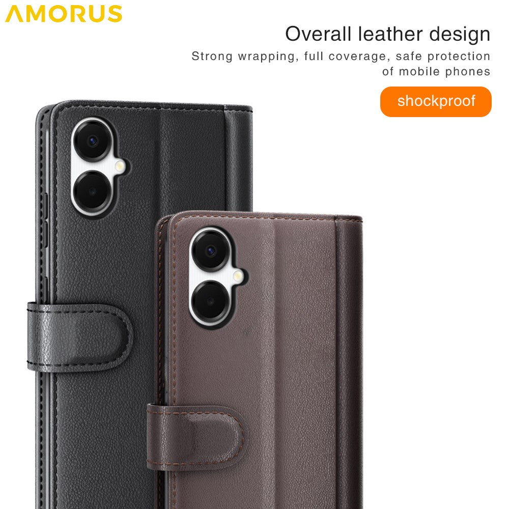 AMORUS For Samsung Galaxy A06 4G / 5G Stand Cases Calf Texture Genuine Split Leather Wallet Phone Cover