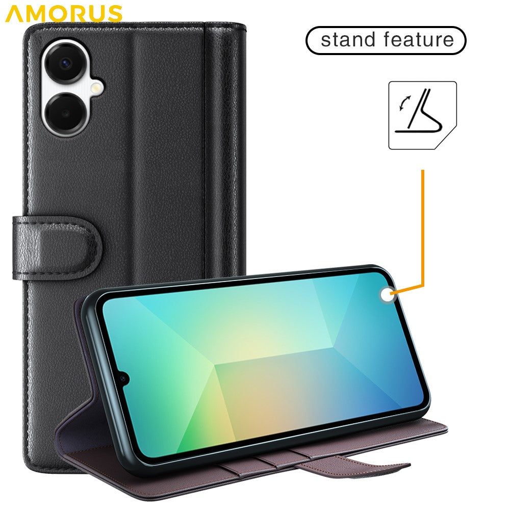 AMORUS For Samsung Galaxy A06 4G / 5G Stand Cases Calf Texture Genuine Split Leather Wallet Phone Cover