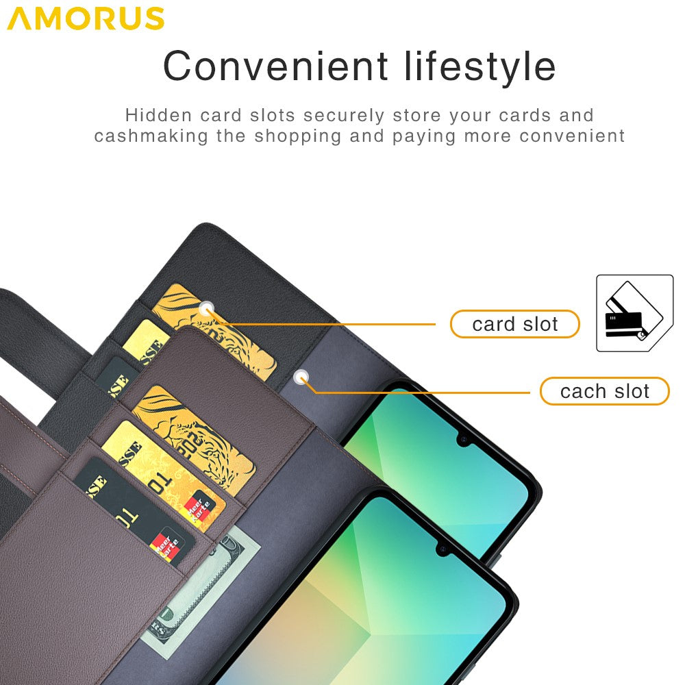 AMORUS For Samsung Galaxy A06 4G / 5G Stand Cases Calf Texture Genuine Split Leather Wallet Phone Cover
