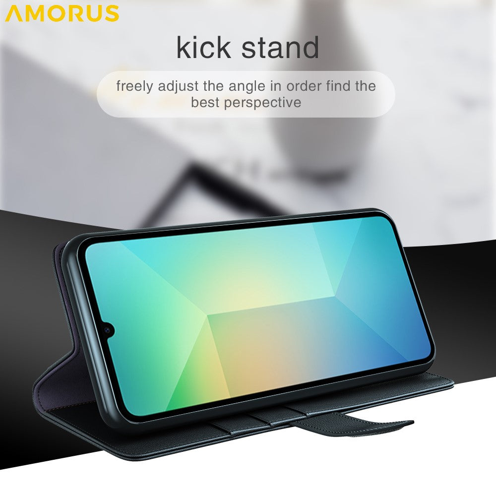 AMORUS For Samsung Galaxy A06 4G / 5G Stand Cases Calf Texture Genuine Split Leather Wallet Phone Cover