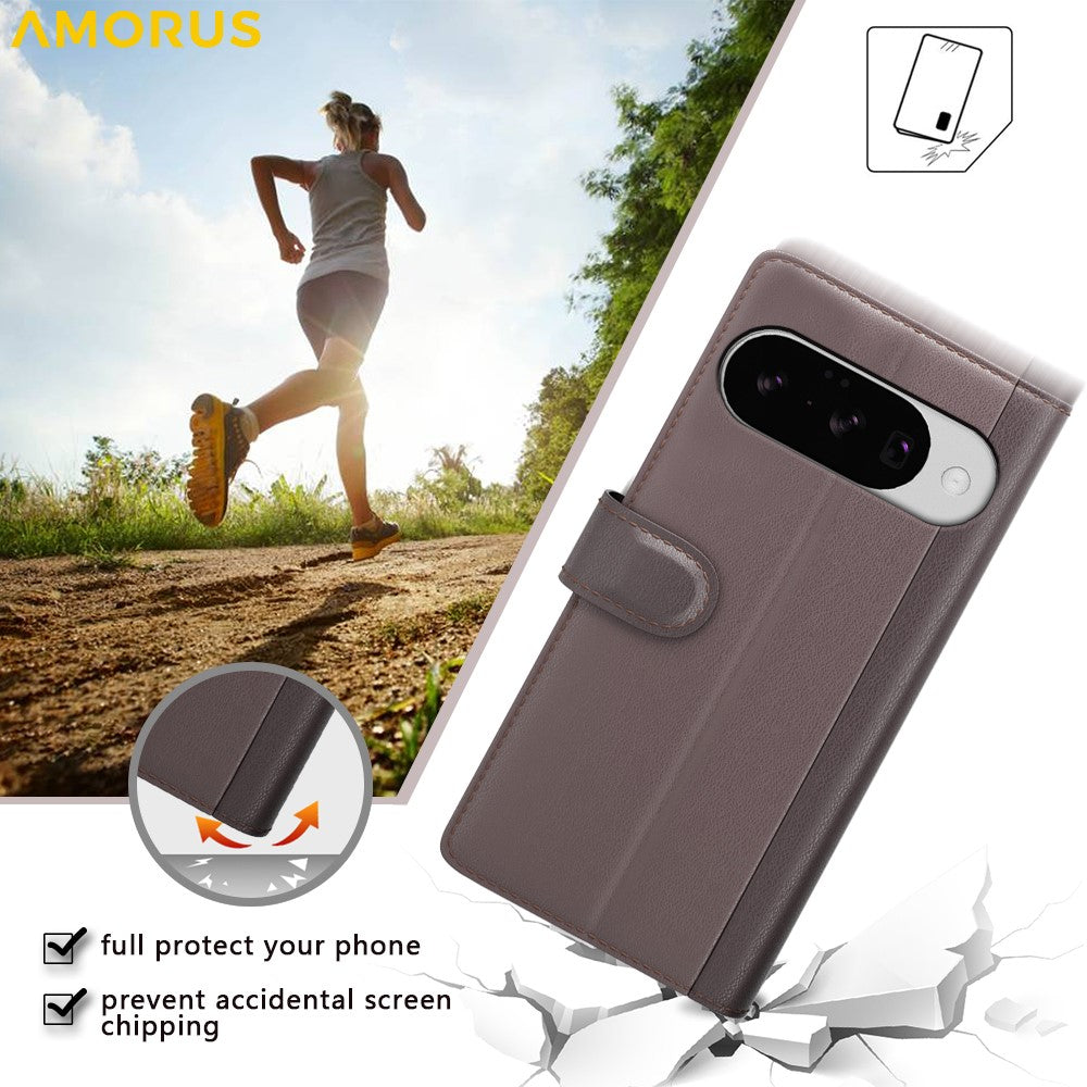 AMORUS For Google Pixel 10 / Pixel 10 Pro Stand Cases Calf Texture Genuine Split Leather Wallet Phone Cover