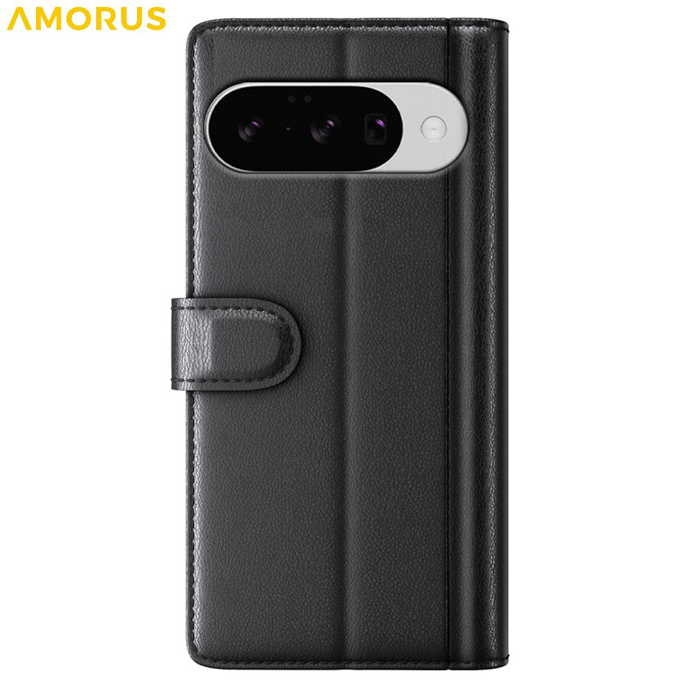 AMORUS For Google Pixel 10 / Pixel 10 Pro Stand Cases Calf Texture Genuine Split Leather Wallet Phone Cover