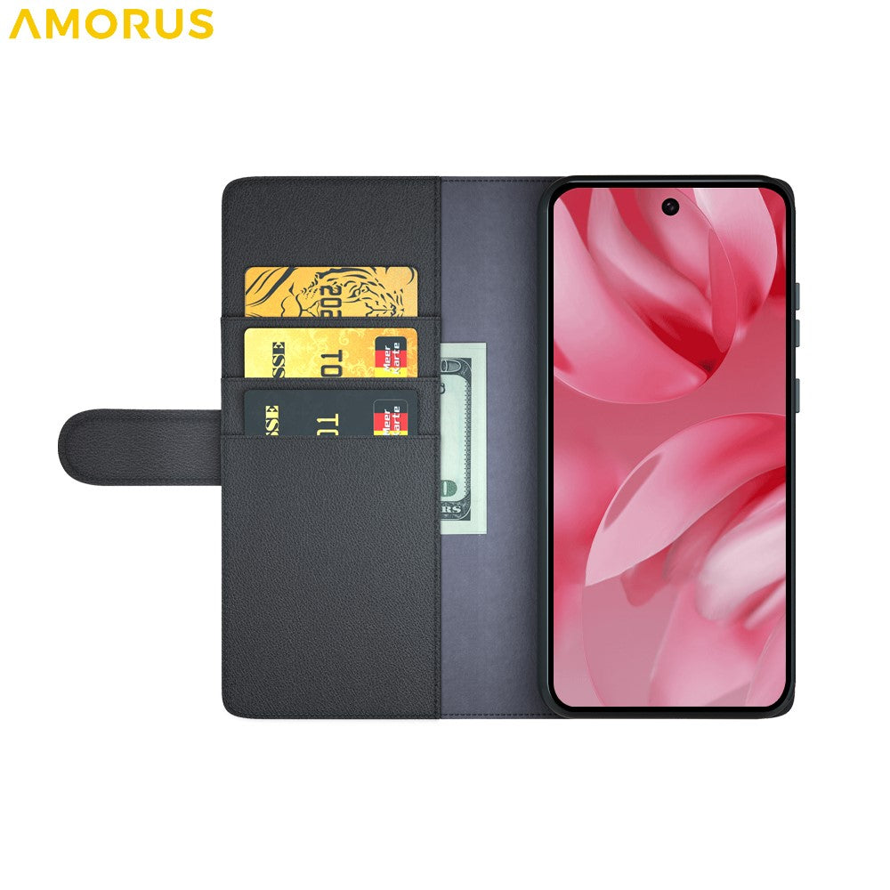 AMORUS For Google Pixel 10 / Pixel 10 Pro Stand Cases Calf Texture Genuine Split Leather Wallet Phone Cover