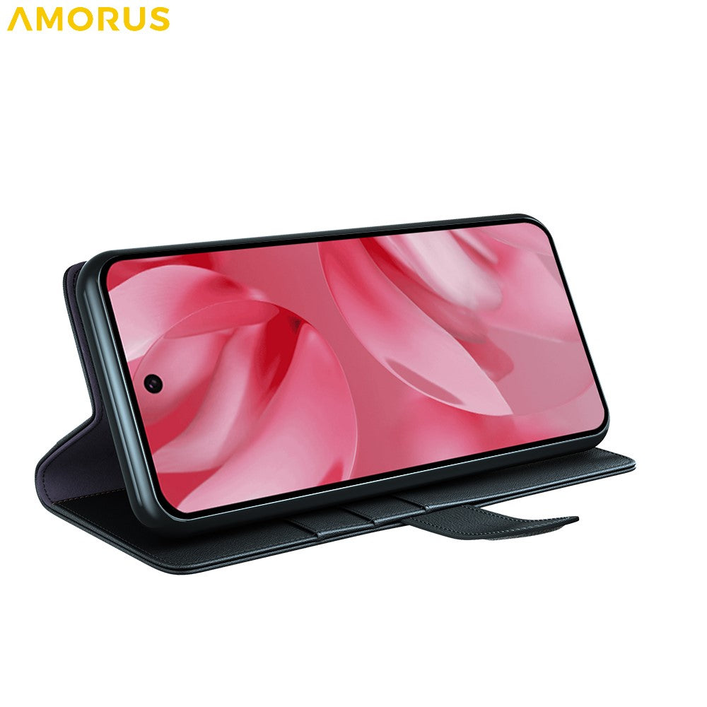 AMORUS For Google Pixel 10 / Pixel 10 Pro Stand Cases Calf Texture Genuine Split Leather Wallet Phone Cover
