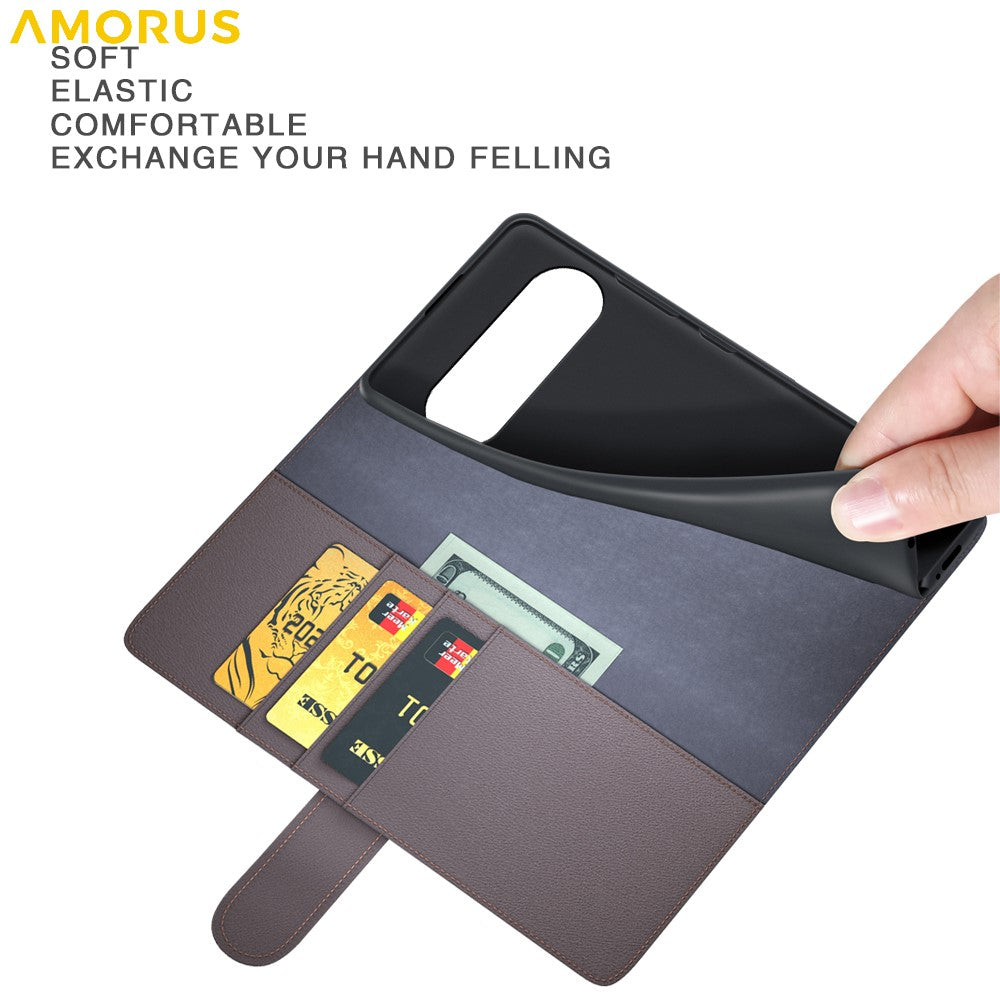 AMORUS For Google Pixel 10 / Pixel 10 Pro Stand Cases Calf Texture Genuine Split Leather Wallet Phone Cover