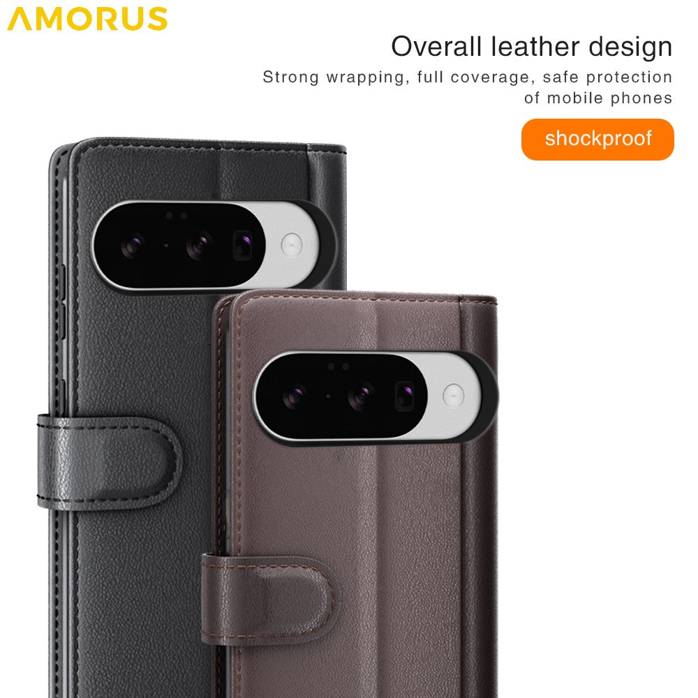 AMORUS For Google Pixel 10 / Pixel 10 Pro Stand Cases Calf Texture Genuine Split Leather Wallet Phone Cover