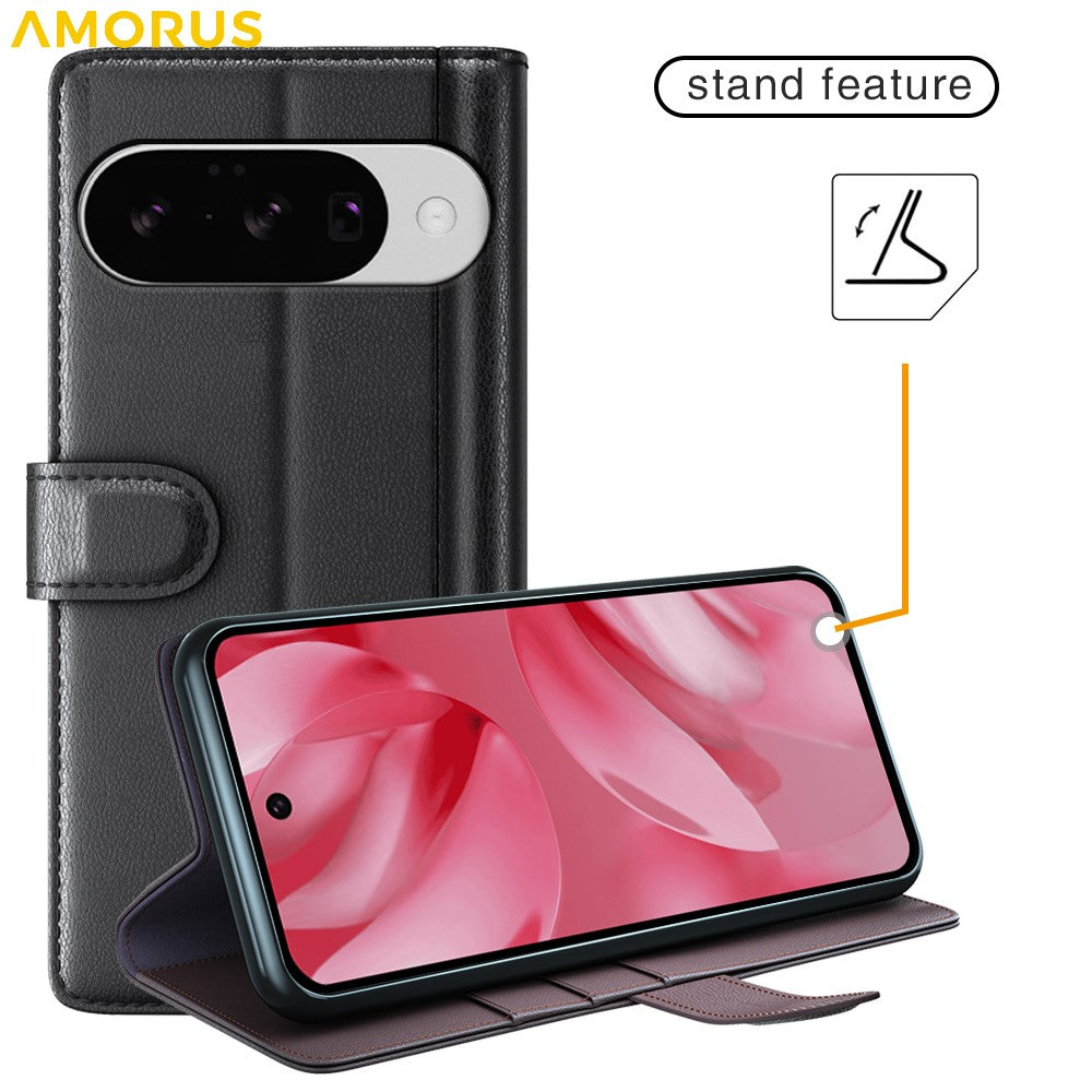 AMORUS For Google Pixel 10 / Pixel 10 Pro Stand Cases Calf Texture Genuine Split Leather Wallet Phone Cover