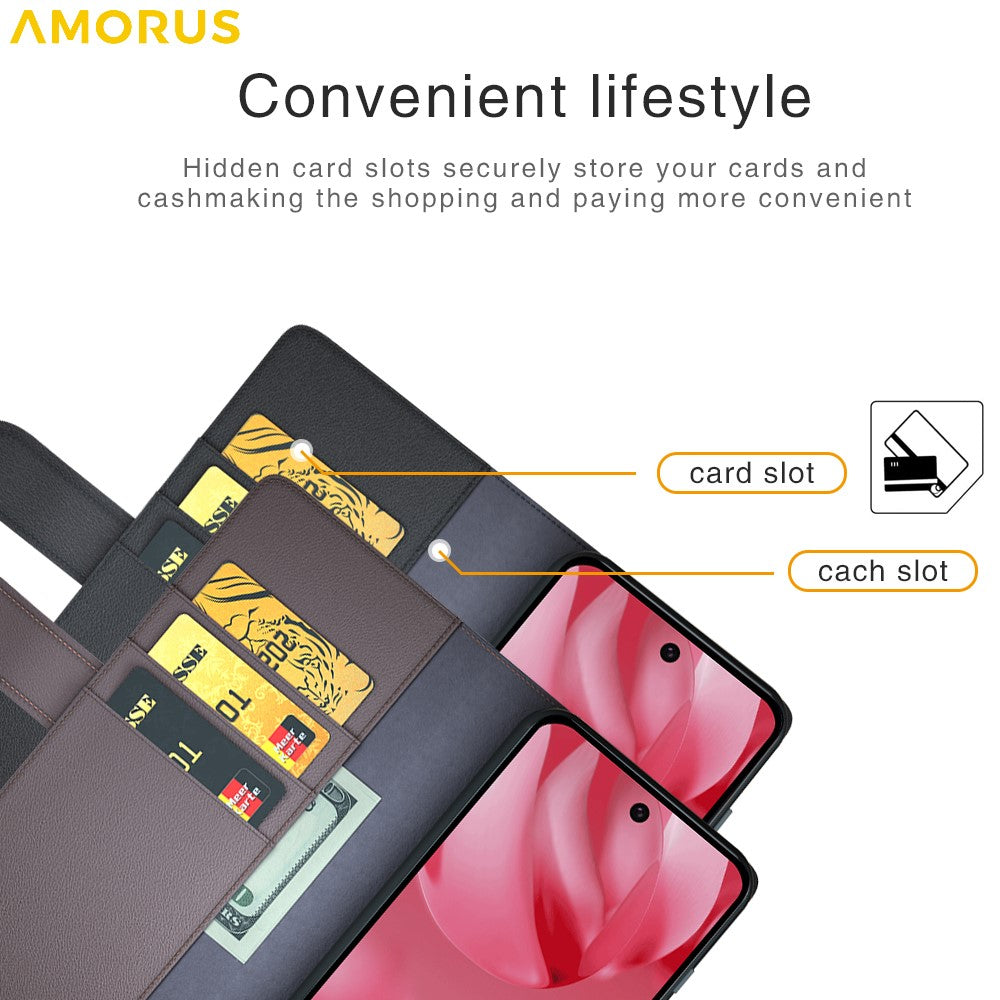 AMORUS For Google Pixel 10 / Pixel 10 Pro Stand Cases Calf Texture Genuine Split Leather Wallet Phone Cover