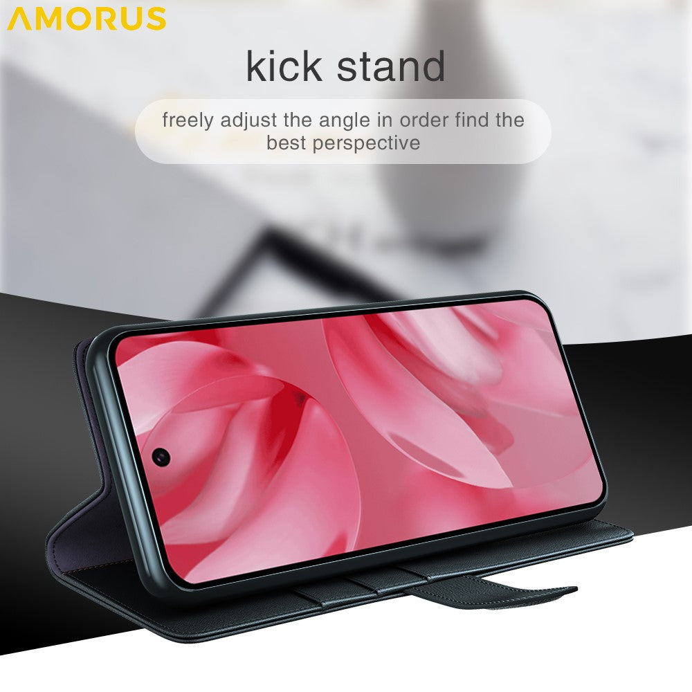 AMORUS For Google Pixel 10 / Pixel 10 Pro Stand Cases Calf Texture Genuine Split Leather Wallet Phone Cover
