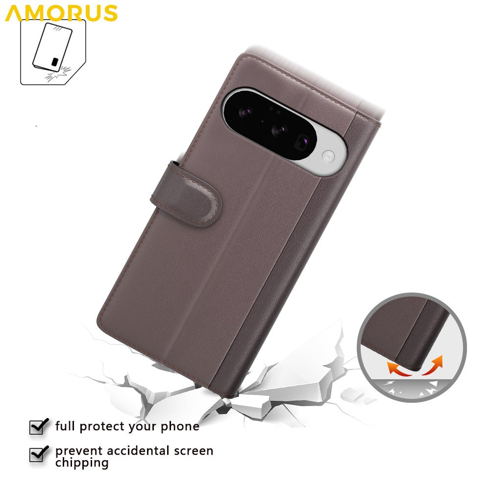 AMORUS For Google Pixel 10 / Pixel 10 Pro Stand Cases Calf Texture Genuine Split Leather Wallet Phone Cover