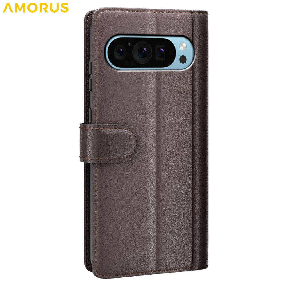 AMORUS For Google Pixel 9 / 9 Pro Stand Cases Calf Texture Genuine Split Leather Wallet Phone Cover