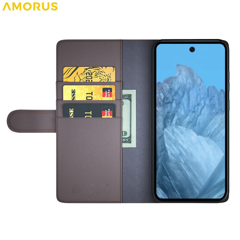 AMORUS For Google Pixel 9 / 9 Pro Stand Cases Calf Texture Genuine Split Leather Wallet Phone Cover
