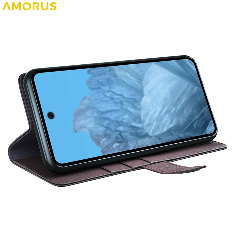 AMORUS For Google Pixel 9 / 9 Pro Stand Cases Calf Texture Genuine Split Leather Wallet Phone Cover