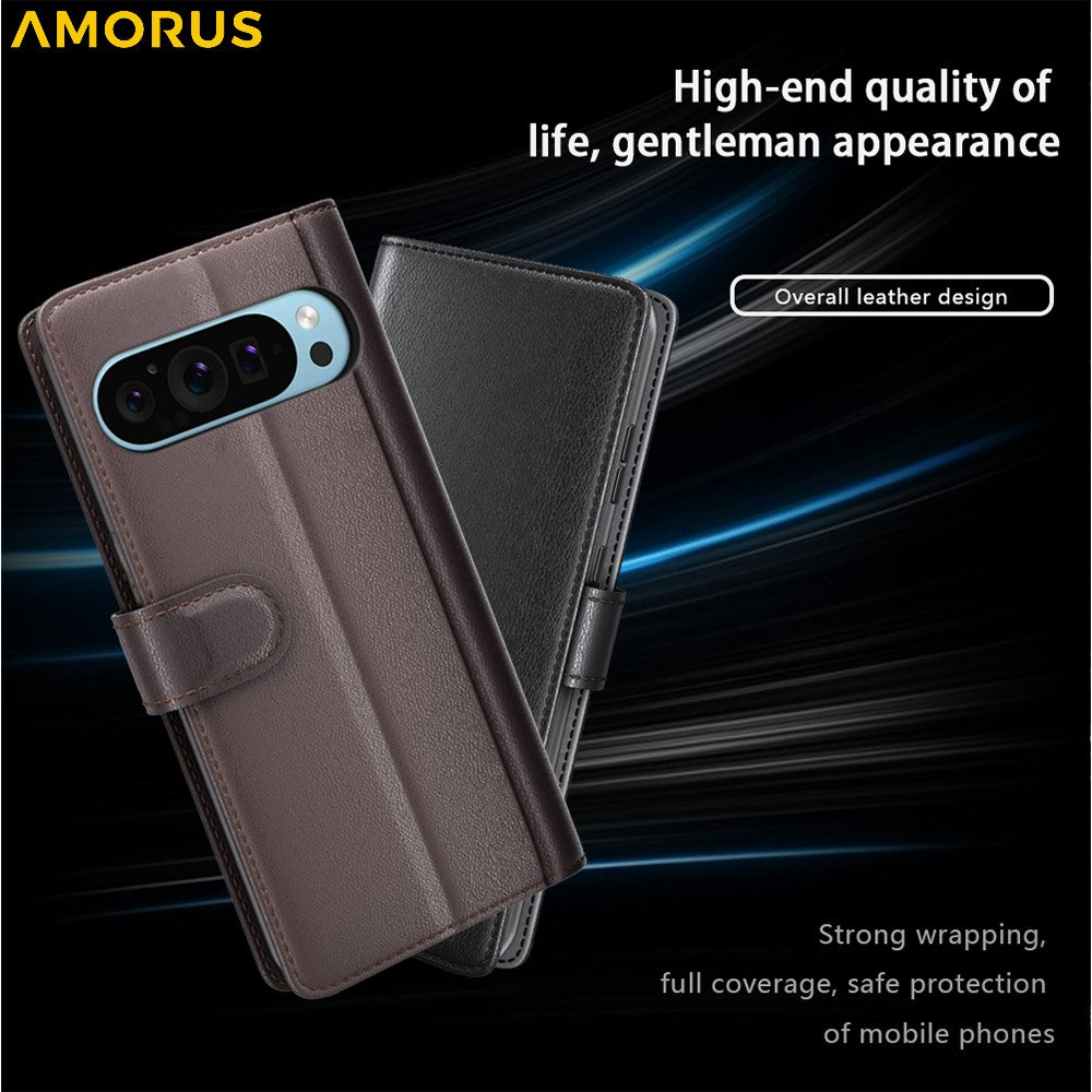 AMORUS For Google Pixel 9 / 9 Pro Stand Cases Calf Texture Genuine Split Leather Wallet Phone Cover