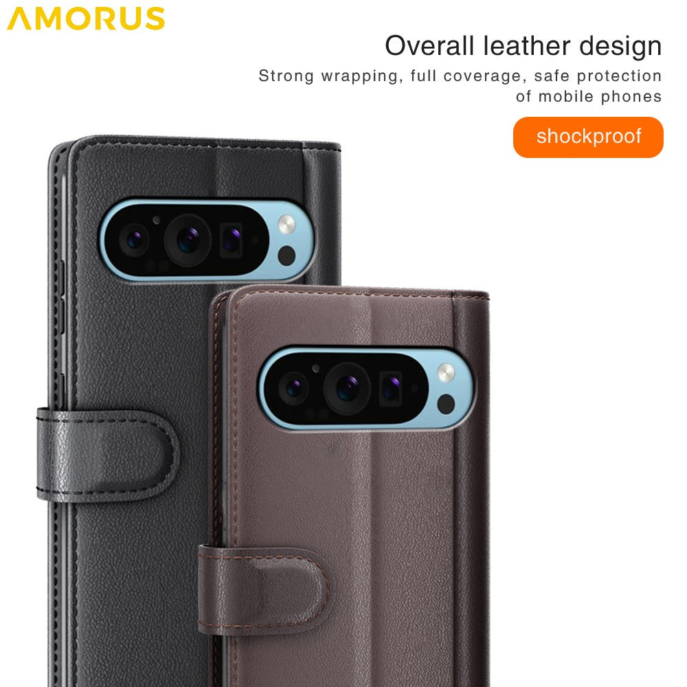 AMORUS For Google Pixel 9 / 9 Pro Stand Cases Calf Texture Genuine Split Leather Wallet Phone Cover