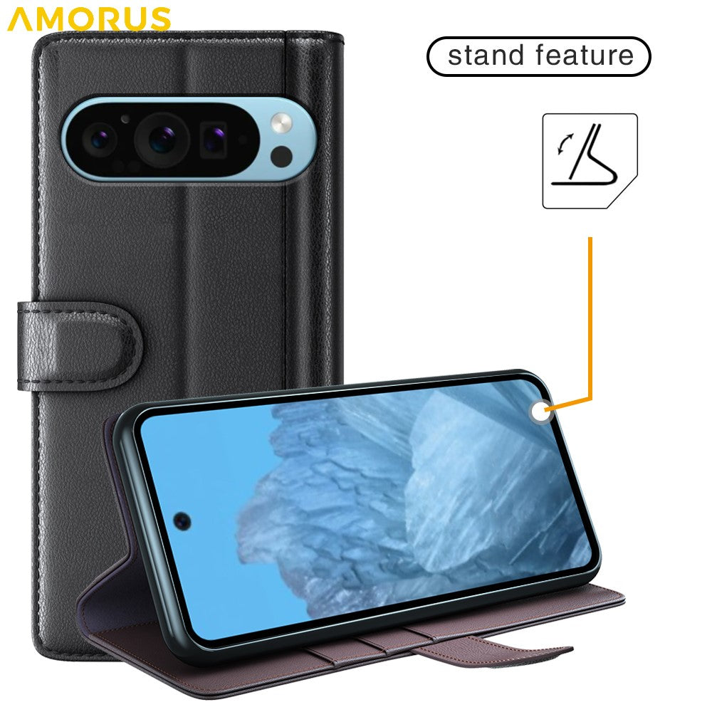 AMORUS For Google Pixel 9 / 9 Pro Stand Cases Calf Texture Genuine Split Leather Wallet Phone Cover