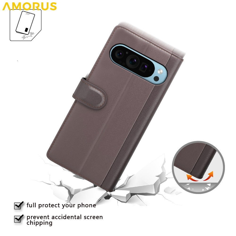 AMORUS For Google Pixel 9 / 9 Pro Stand Cases Calf Texture Genuine Split Leather Wallet Phone Cover