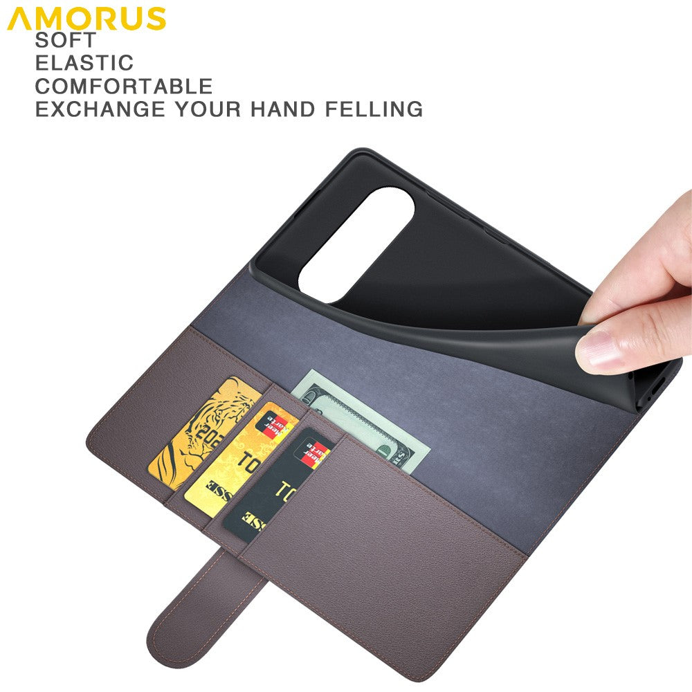 AMORUS For Google Pixel 9 / 9 Pro Stand Cases Calf Texture Genuine Split Leather Wallet Phone Cover