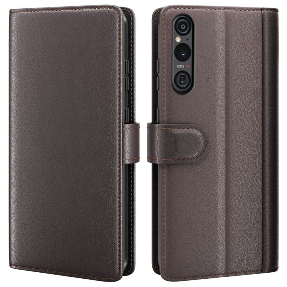 AMORUS For Sony Xperia 1 VI Stand Cases Calf Texture Genuine Split Leather Wallet Phone Cover