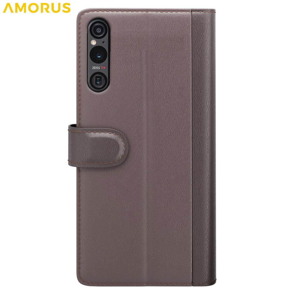 AMORUS For Sony Xperia 1 VI Stand Cases Calf Texture Genuine Split Leather Wallet Phone Cover