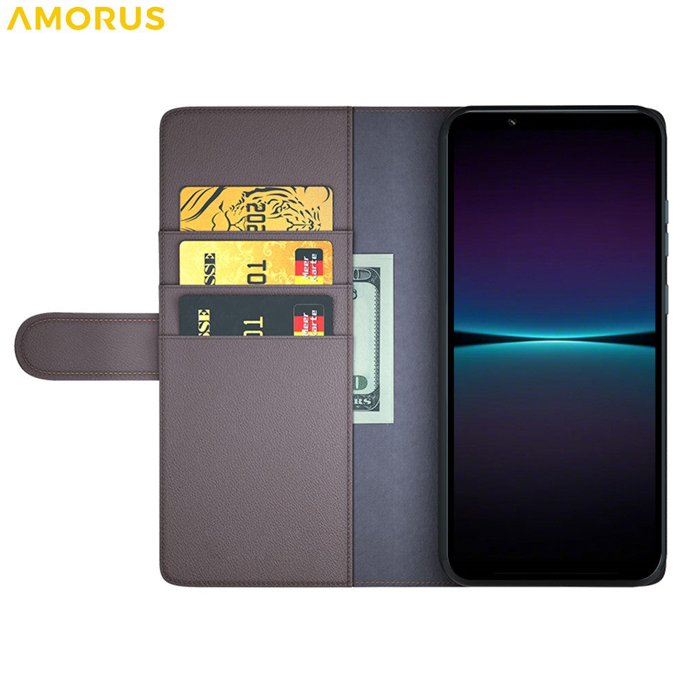 AMORUS For Sony Xperia 1 VI Stand Cases Calf Texture Genuine Split Leather Wallet Phone Cover