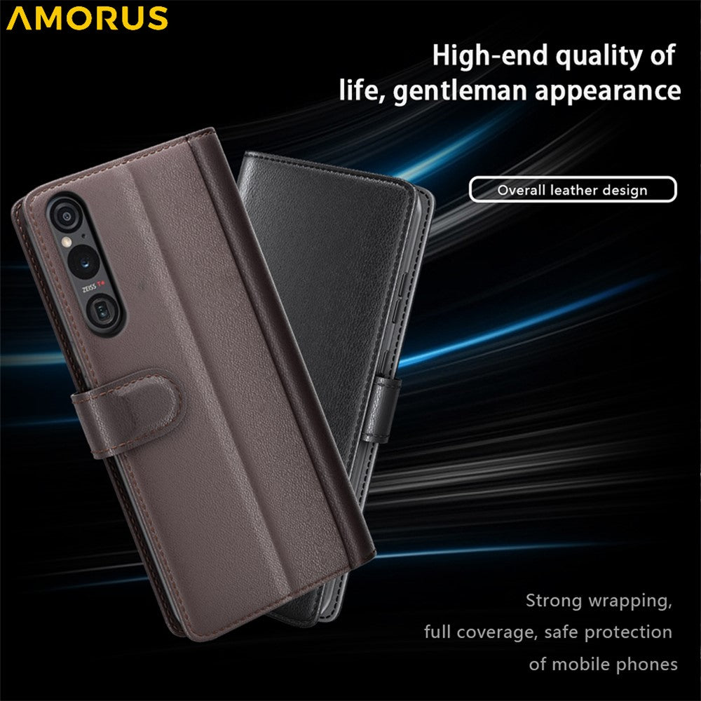 AMORUS For Sony Xperia 1 VI Stand Cases Calf Texture Genuine Split Leather Wallet Phone Cover