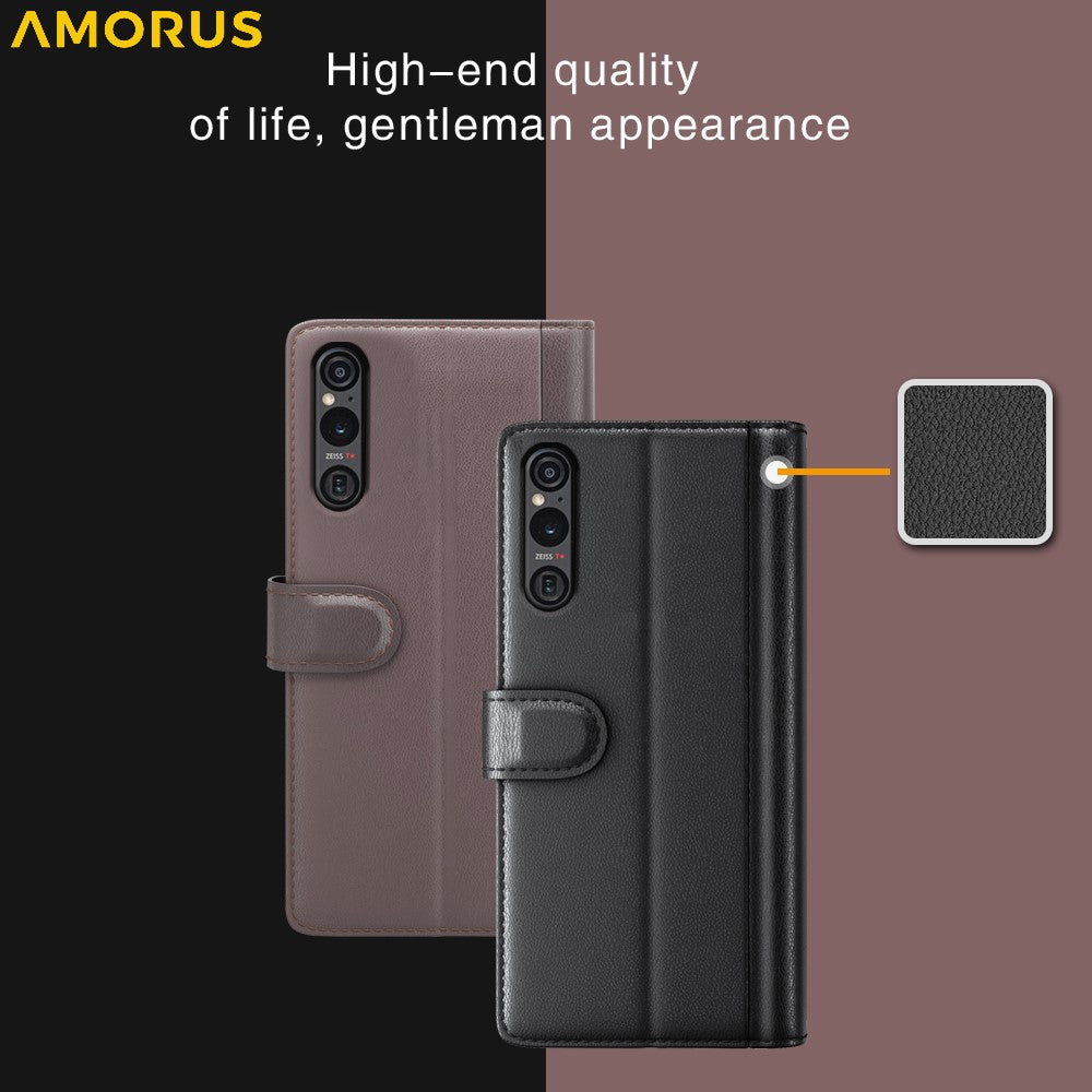 AMORUS For Sony Xperia 1 VI Stand Cases Calf Texture Genuine Split Leather Wallet Phone Cover