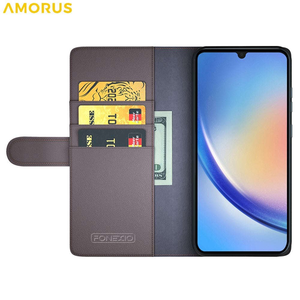 AMORUS For Samsung Galaxy A34 5G Stand Cases Calf Texture Genuine Split Leather Wallet Phone Cover
