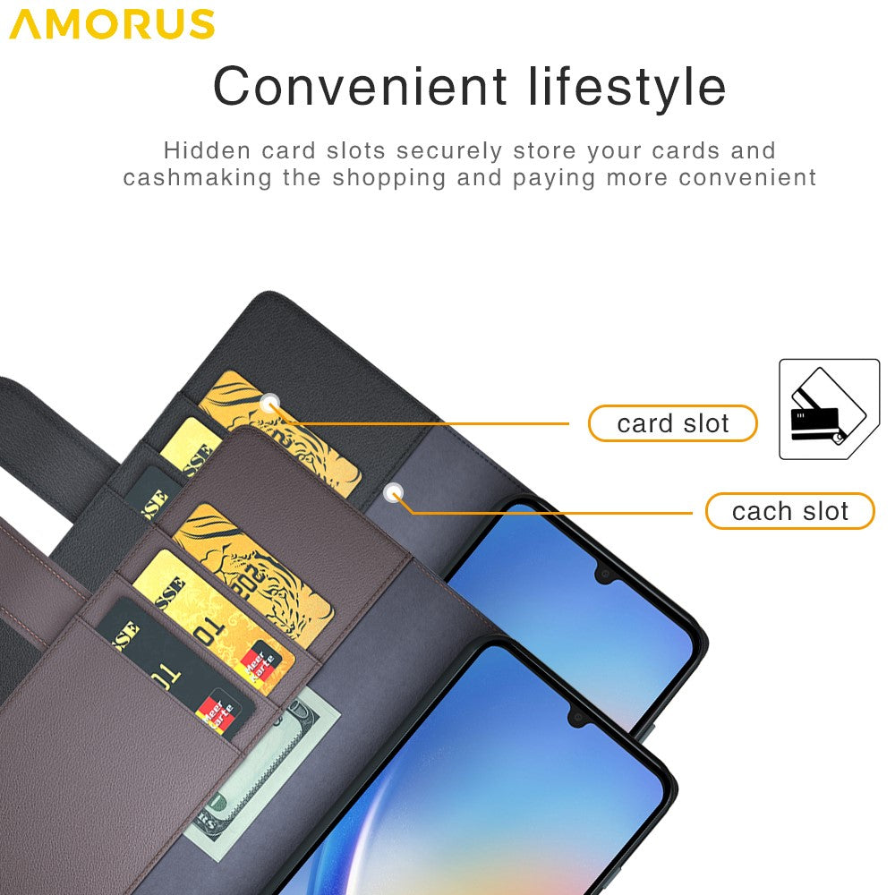 AMORUS For Samsung Galaxy A34 5G Stand Cases Calf Texture Genuine Split Leather Wallet Phone Cover