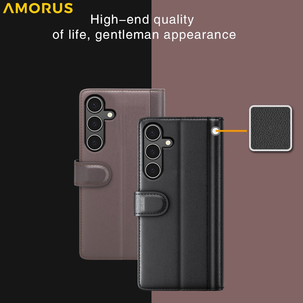 AMORUS For Samsung Galaxy A34 5G Stand Cases Calf Texture Genuine Split Leather Wallet Phone Cover