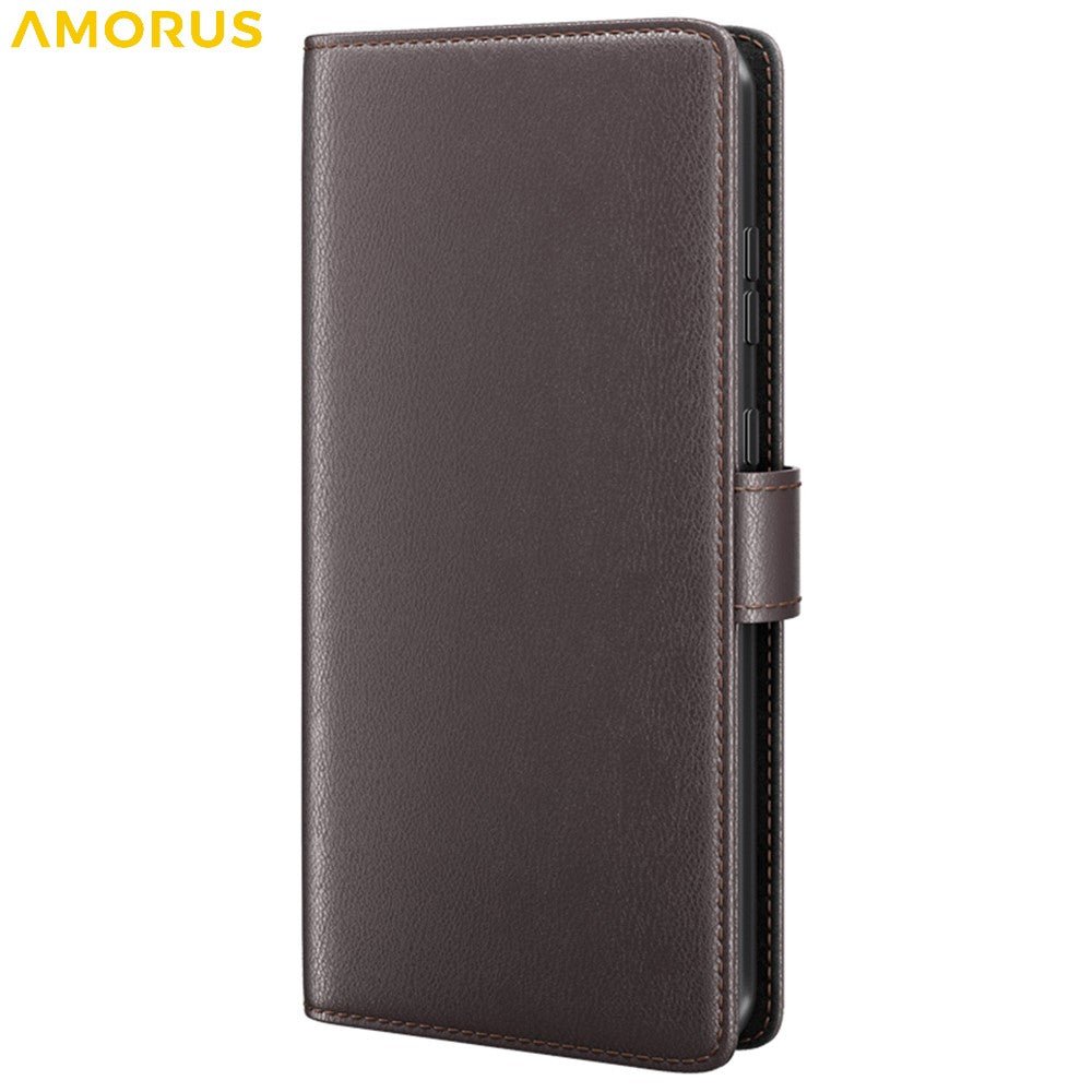 AMORUS Stand Case for Motorola Moto E14 4G / G04 4G / G04s 4G / G24 4G Calf Texture Genuine Split Leather Wallet Phone Cover
