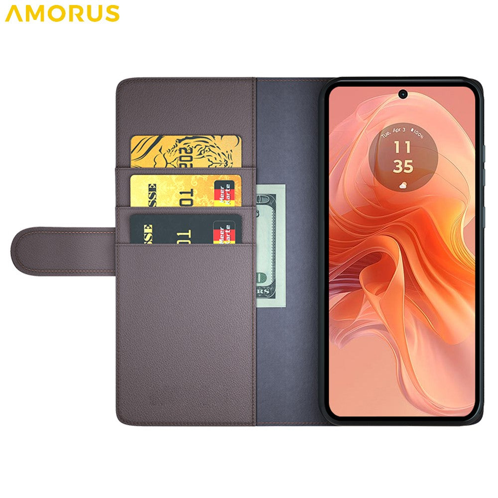 AMORUS Stand Case for Motorola Moto E14 4G / G04 4G / G04s 4G / G24 4G Calf Texture Genuine Split Leather Wallet Phone Cover