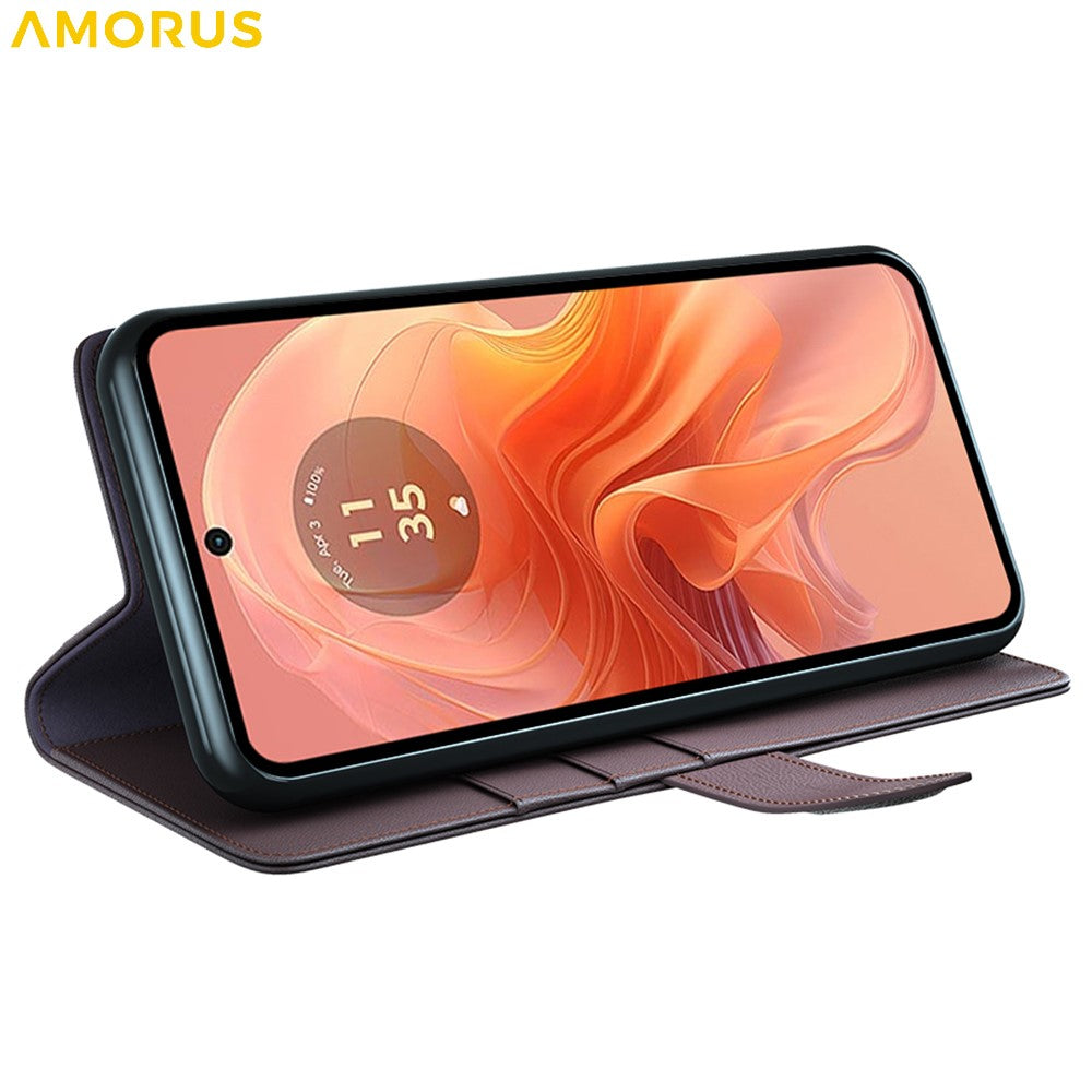 AMORUS Stand Case for Motorola Moto E14 4G / G04 4G / G04s 4G / G24 4G Calf Texture Genuine Split Leather Wallet Phone Cover