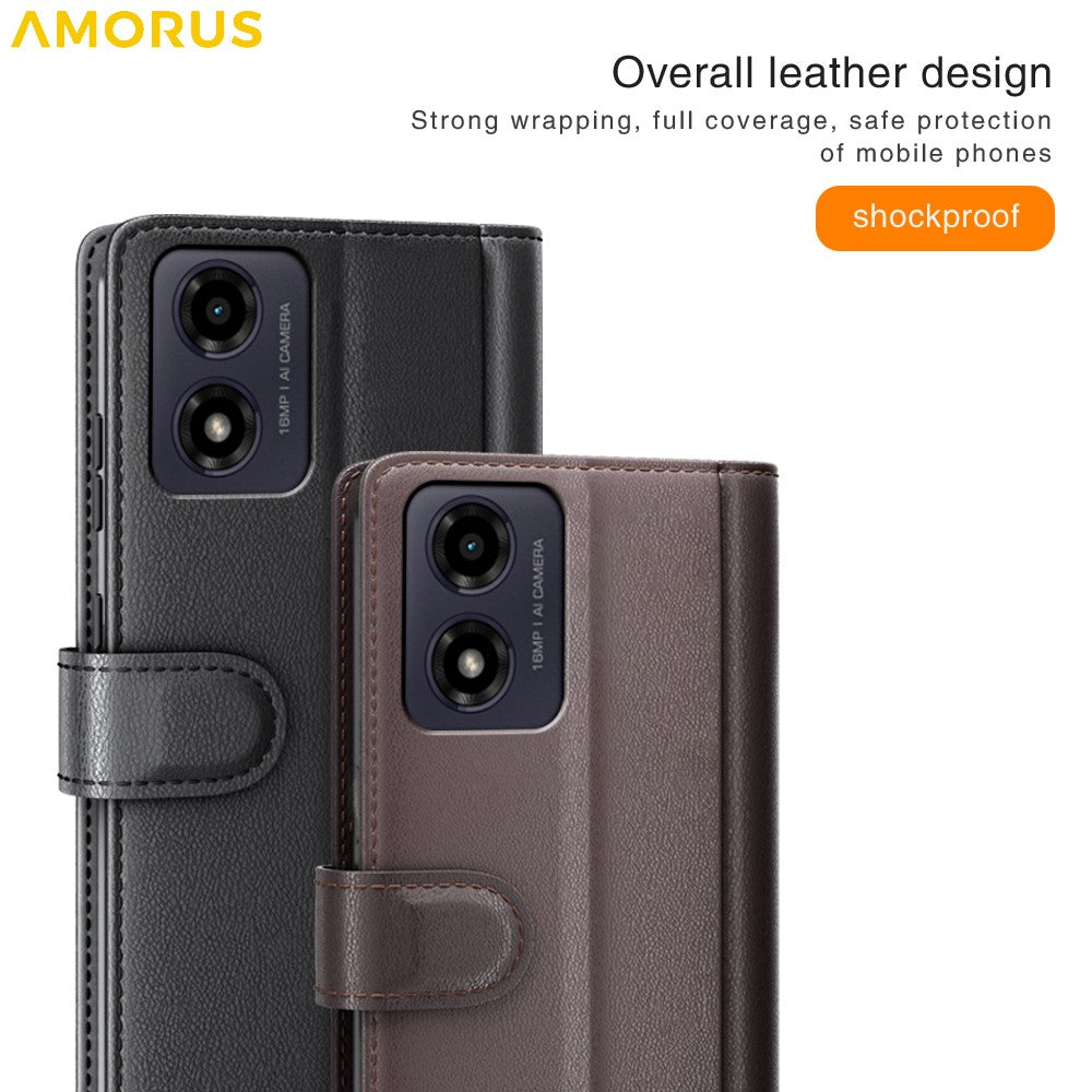 AMORUS Stand Case for Motorola Moto E14 4G / G04 4G / G04s 4G / G24 4G Calf Texture Genuine Split Leather Wallet Phone Cover
