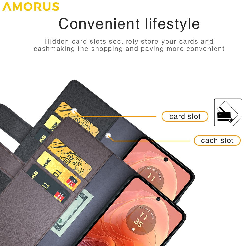 AMORUS Stand Case for Motorola Moto E14 4G / G04 4G / G04s 4G / G24 4G Calf Texture Genuine Split Leather Wallet Phone Cover