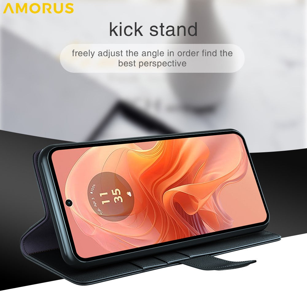 AMORUS Stand Case for Motorola Moto E14 4G / G04 4G / G04s 4G / G24 4G Calf Texture Genuine Split Leather Wallet Phone Cover